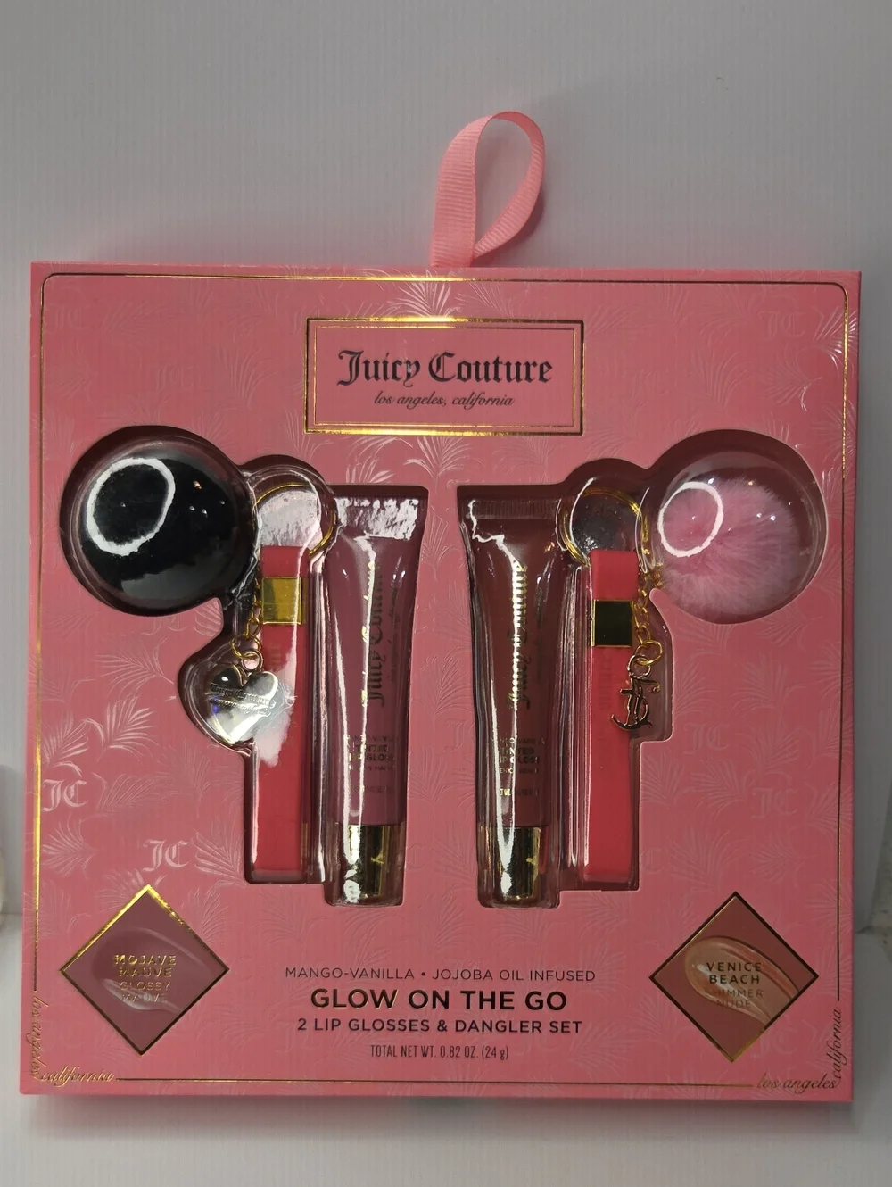 💕▪️Juicy Couture ▪️ 4pc Set 2  Lip Gloss Duo Gift Set with Pom Charms Keychains